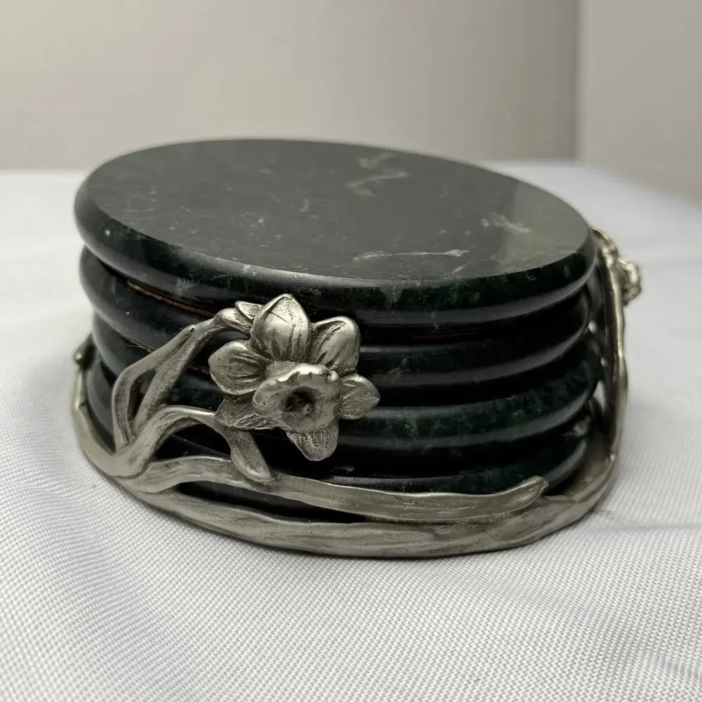 VTG Seagull Pewter 1992 Green Marble Coaster Set 4 Art Nouveau Floral Holder